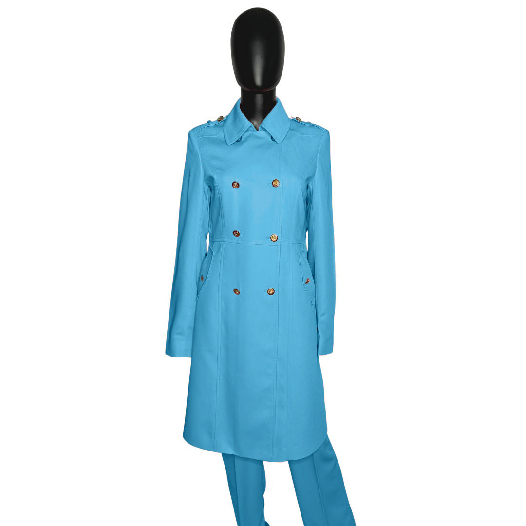 Whole body front view of the Warrior three-piece cerulean wave garment on a mannequin, designed for Muslim sisters in the Nation of Islam who value women's modest clothing.