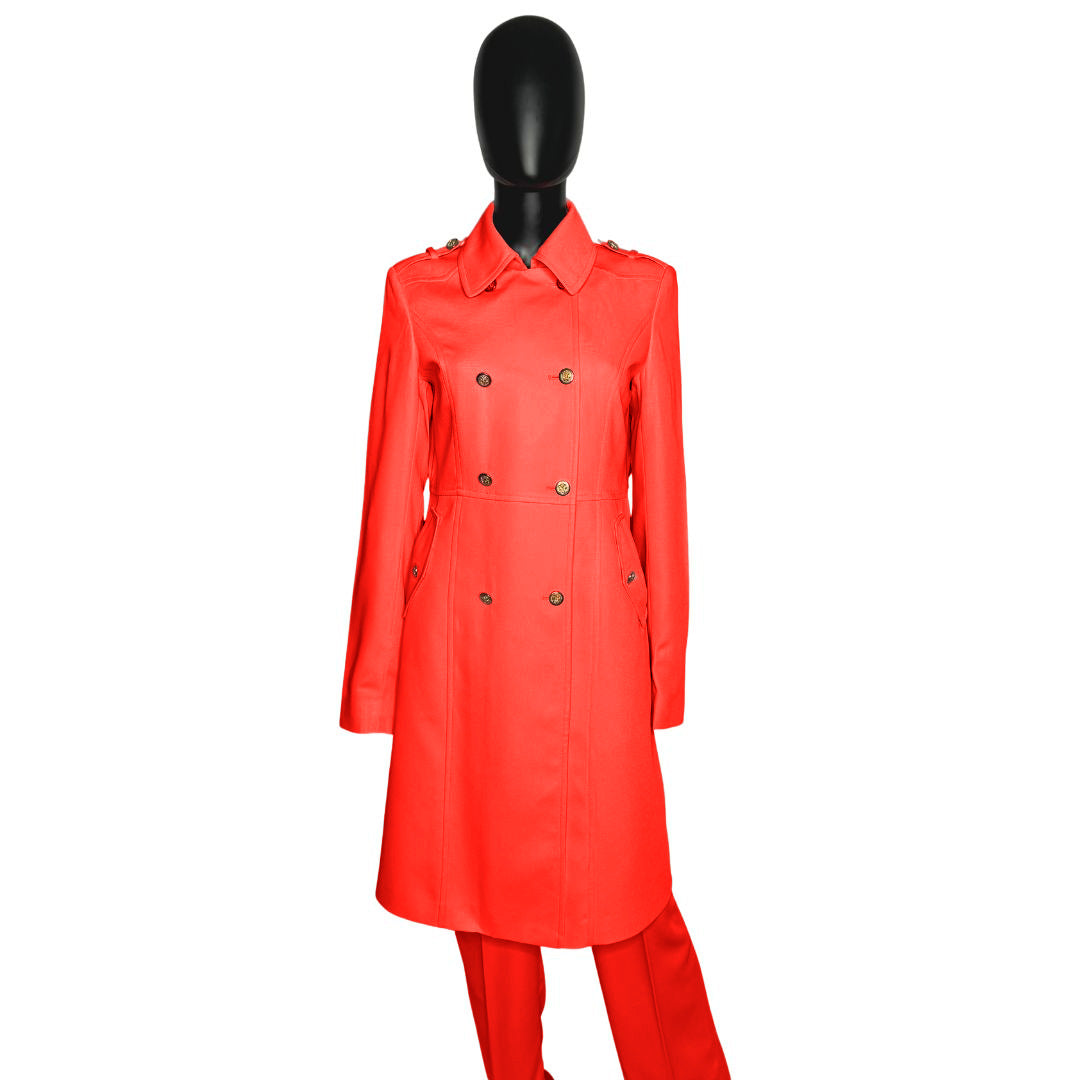 Whole body front view of the Warrior three-piece coral blaze garment on a mannequin, designed for Muslim sisters in the Nation of Islam who value women's modest clothing.