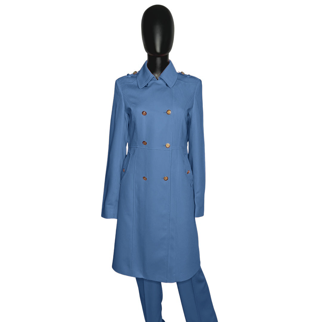 Whole body front view of the Warrior three-piece steel blue garment on a mannequin, designed for Muslim sisters in the Nation of Islam who value women's modest clothing.