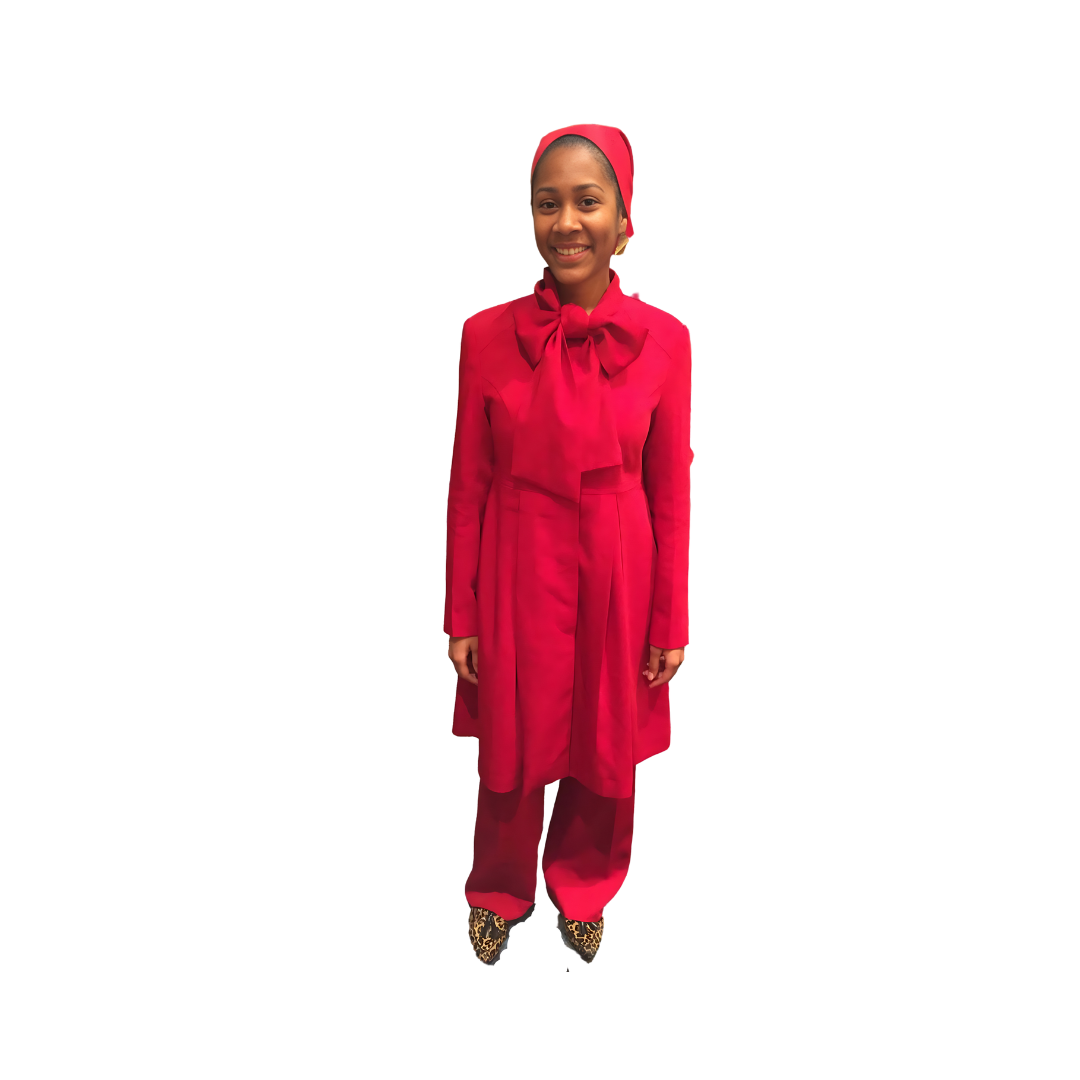 Full-body view of a woman modeling the Sadiyah Bow three-piece red garment designed for Muslim sisters in the Nation of Islam who value women's modest clothing.