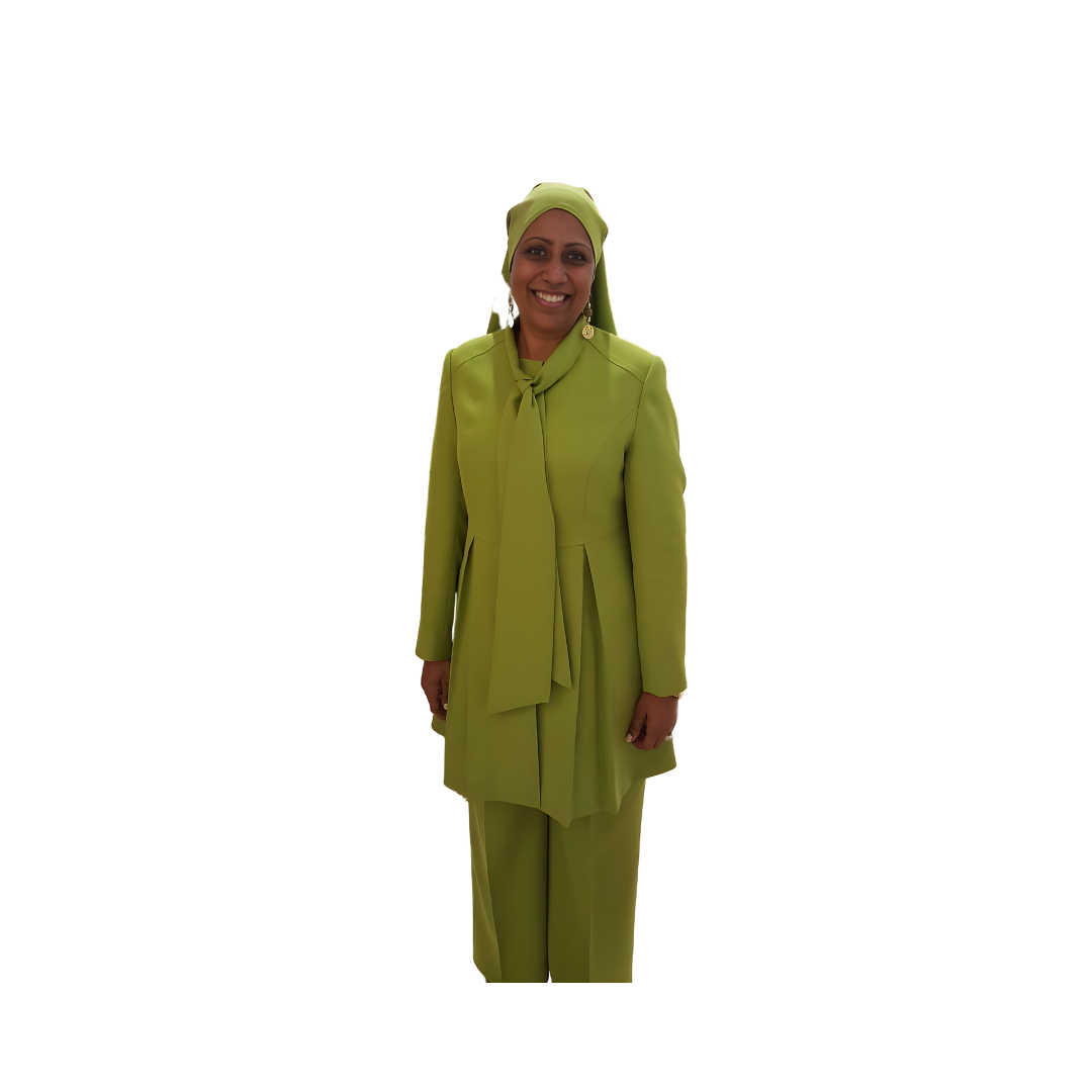 Full-body view of a woman modeling the Sadiyah Bow three-piece yellow green garment designed for Muslim sisters in the Nation of Islam who value women's modest clothing.